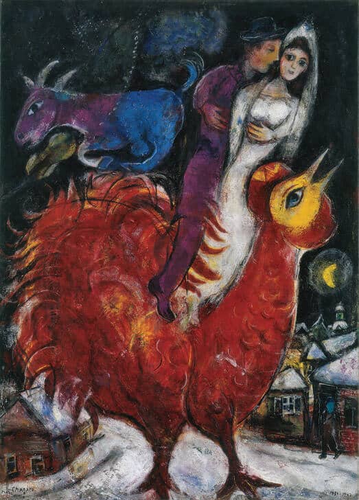 The Bride and Groom on Cock, 1947 by Marc Chagall