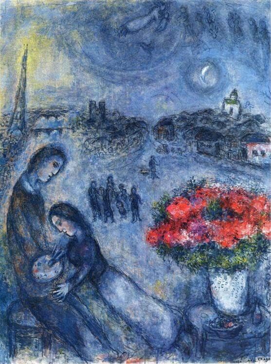 Newlyweds with paris in the background 1980 - by Marc Chagall