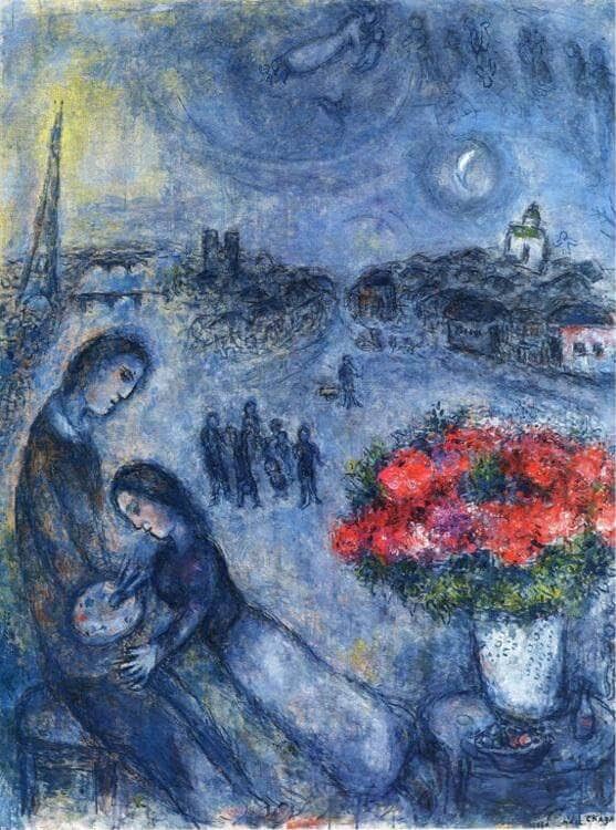 Newlyweds with paris in the background, 1980 by Marc Chagall